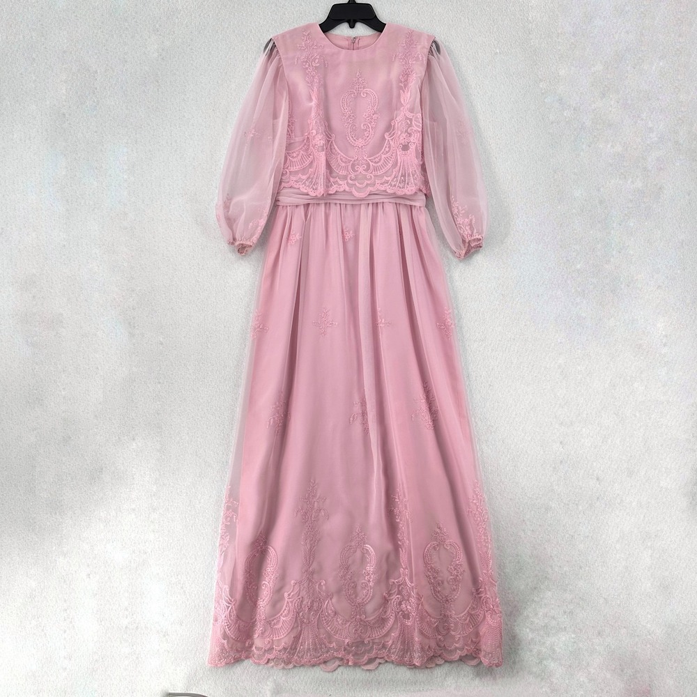 STUNNING‎ VTG Miss Elliette Pink Chiffon Sheer Gown Maxi Dress Vintage Lace 6/8?